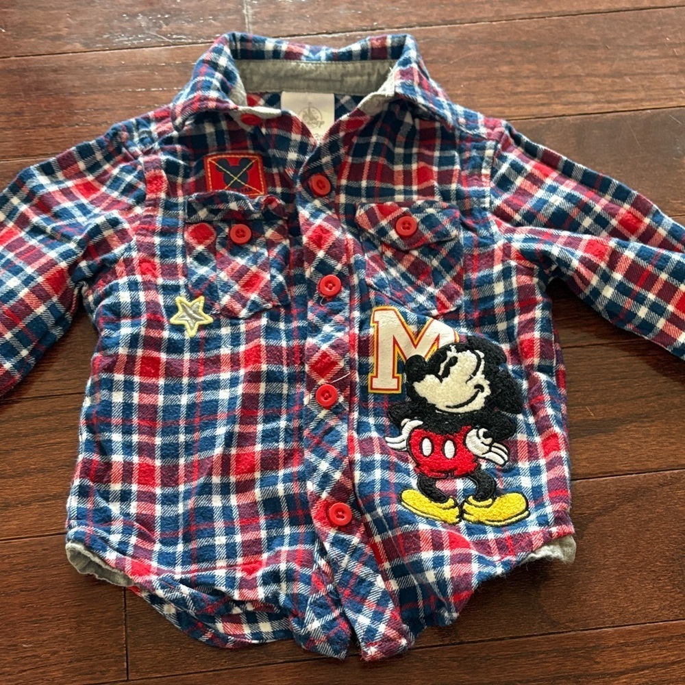 Mickey Mouse Plaid Shirt with Cartoon Patch